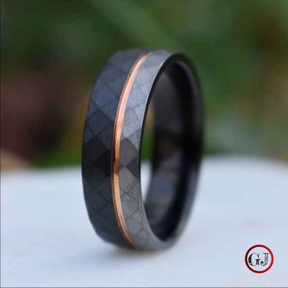 Other - Hammered Tungsten Men’s Wedding Ring (Black, Silver, & Rose Gold Accent)